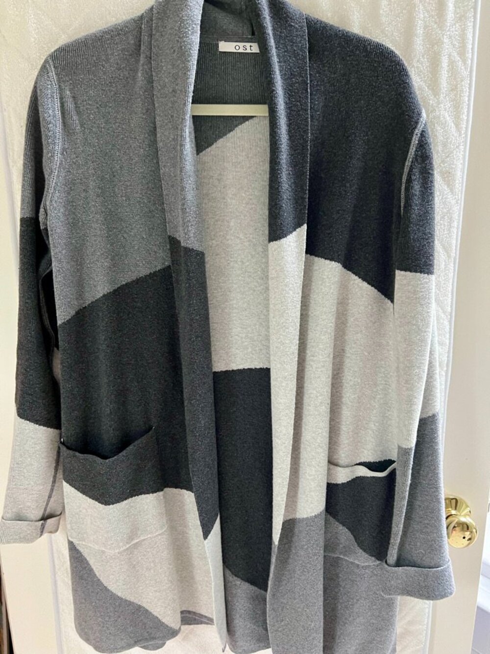 OST Gray Colorblock Long Open Front Cardigan Sweater - XS